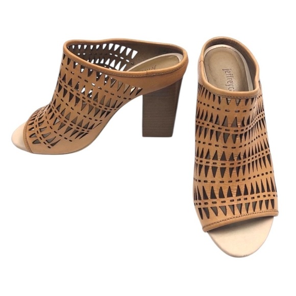 Jeffrey Campbell Tan Cutout Mules With Wood Heel Shoe - SZ 6 Geometric Artful - Picture 2 of 11